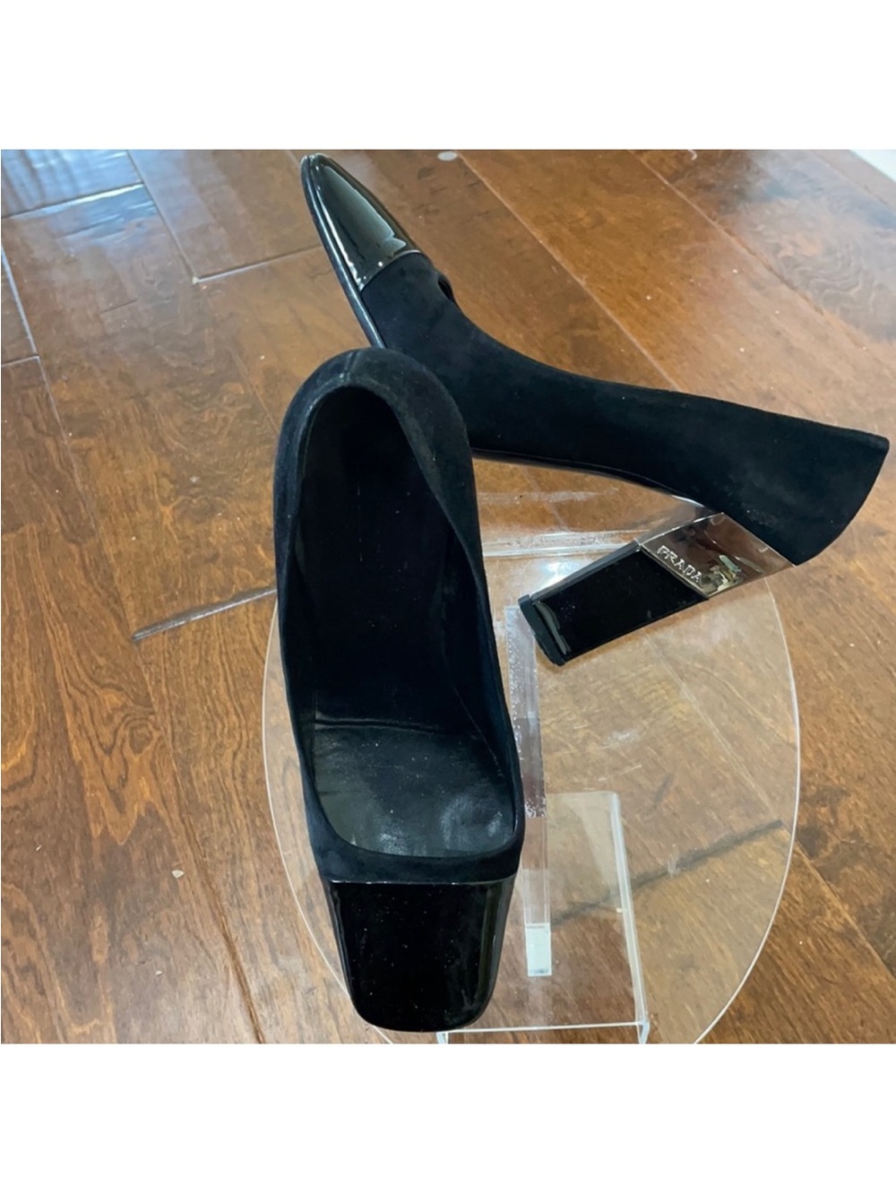 Vintage Prada Black Suede Pumps with Patent Square Toe